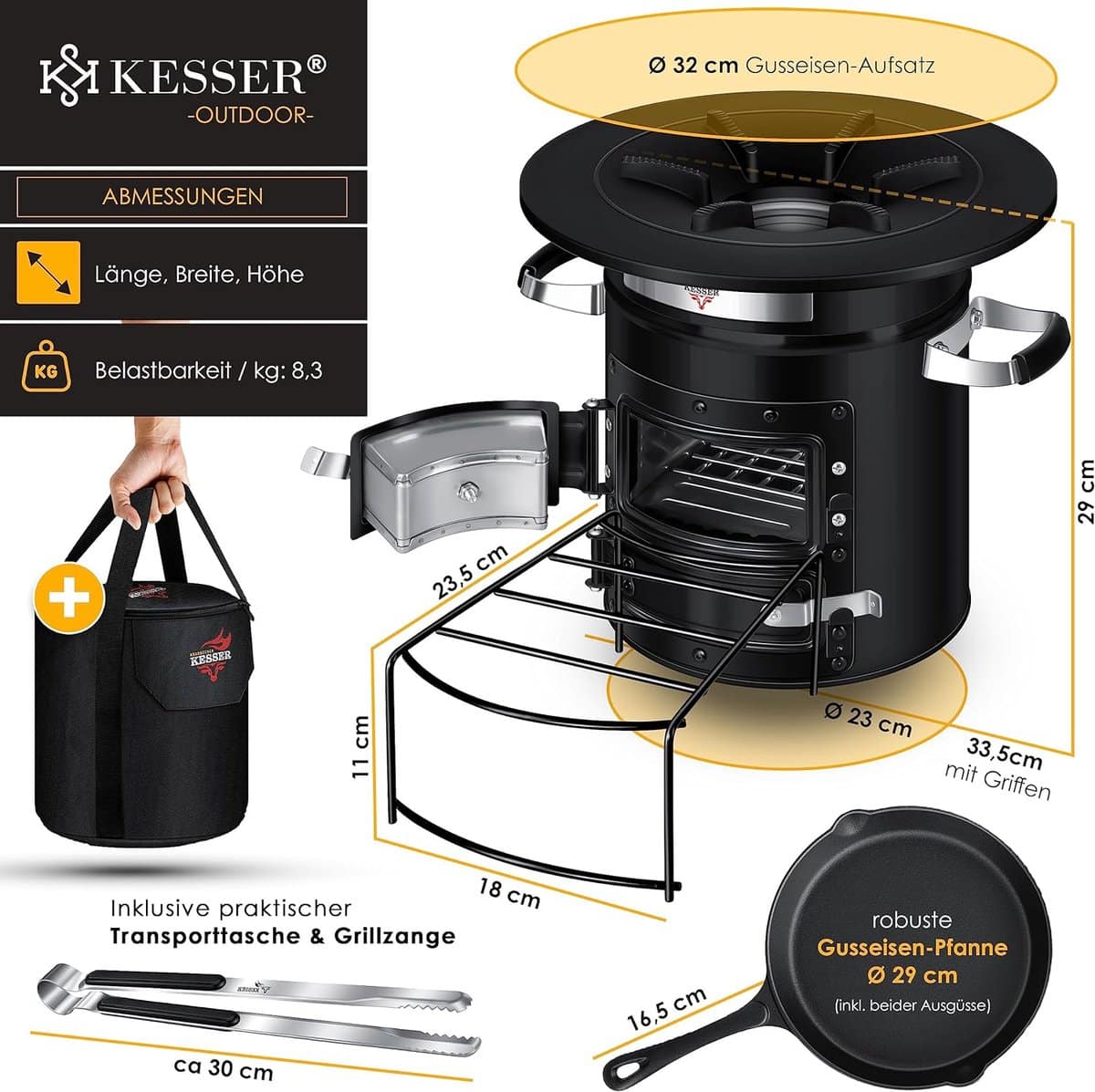 rocket stove grillpan van gietijzer met draagtas bbq