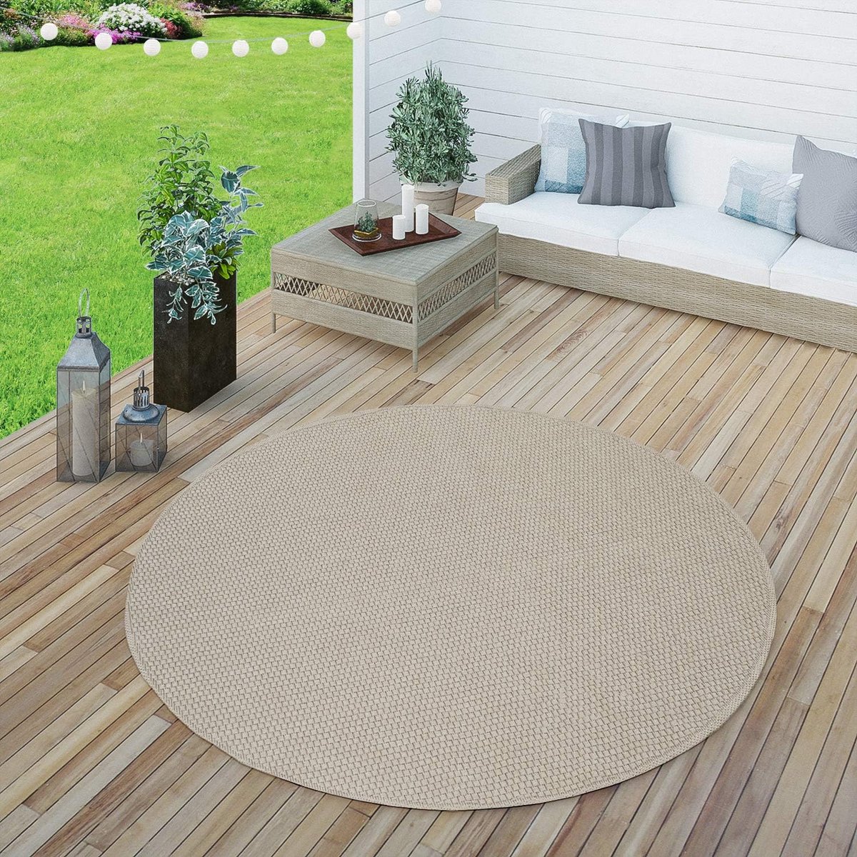 rond beige buitenkleed Ø 200 cm | moderne flatweave tapijt