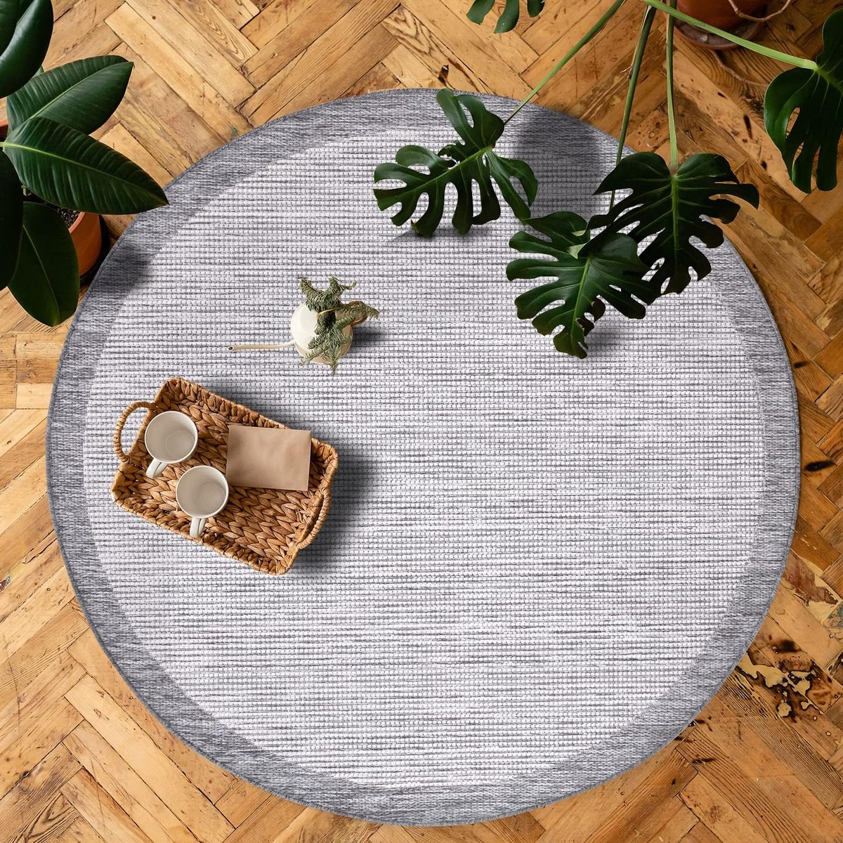 rond buitenkleed 160×160 cm weerbestendig grijs wit patroon voor tuin en