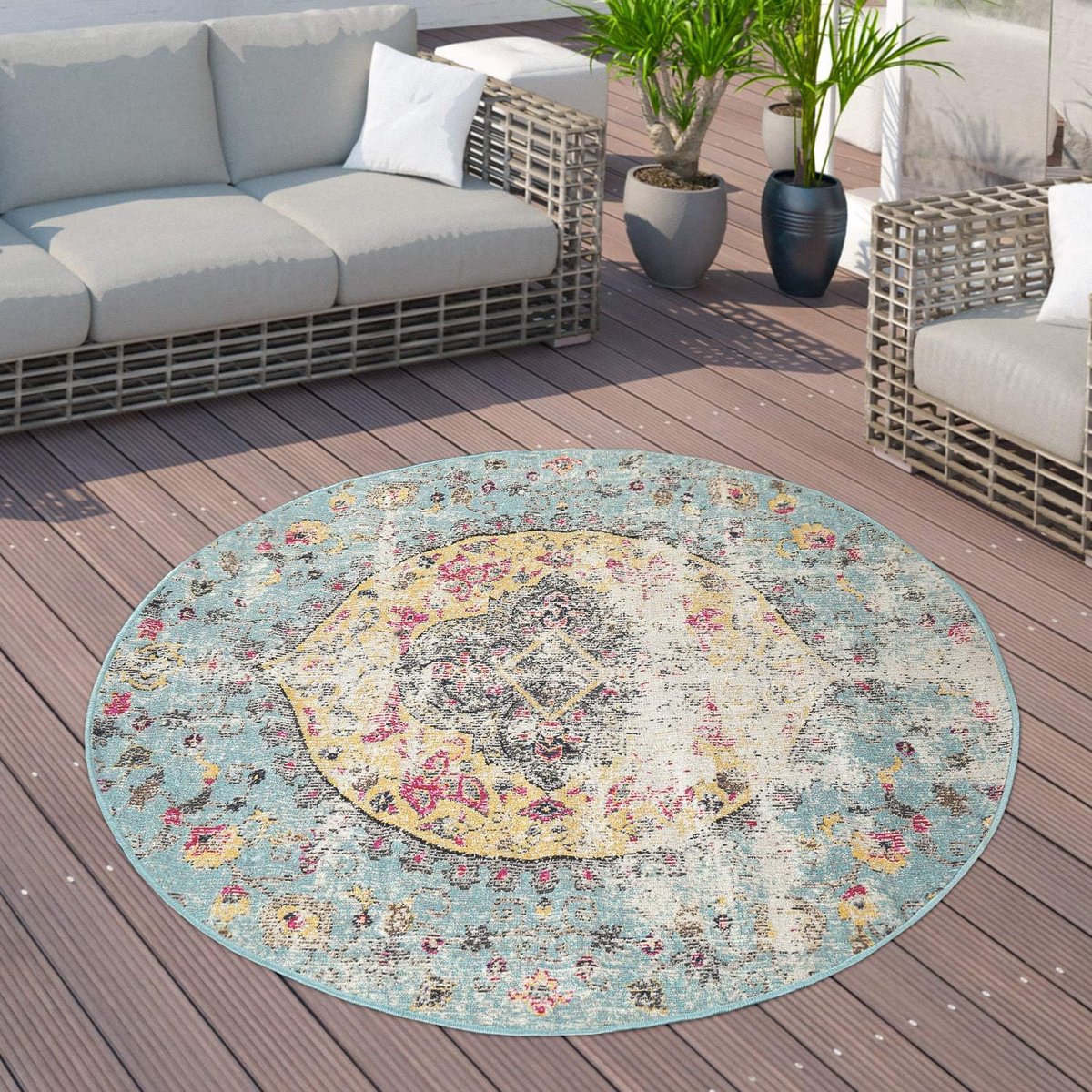 rond buitenkleed met oosters patroon voor balkon en tuin
