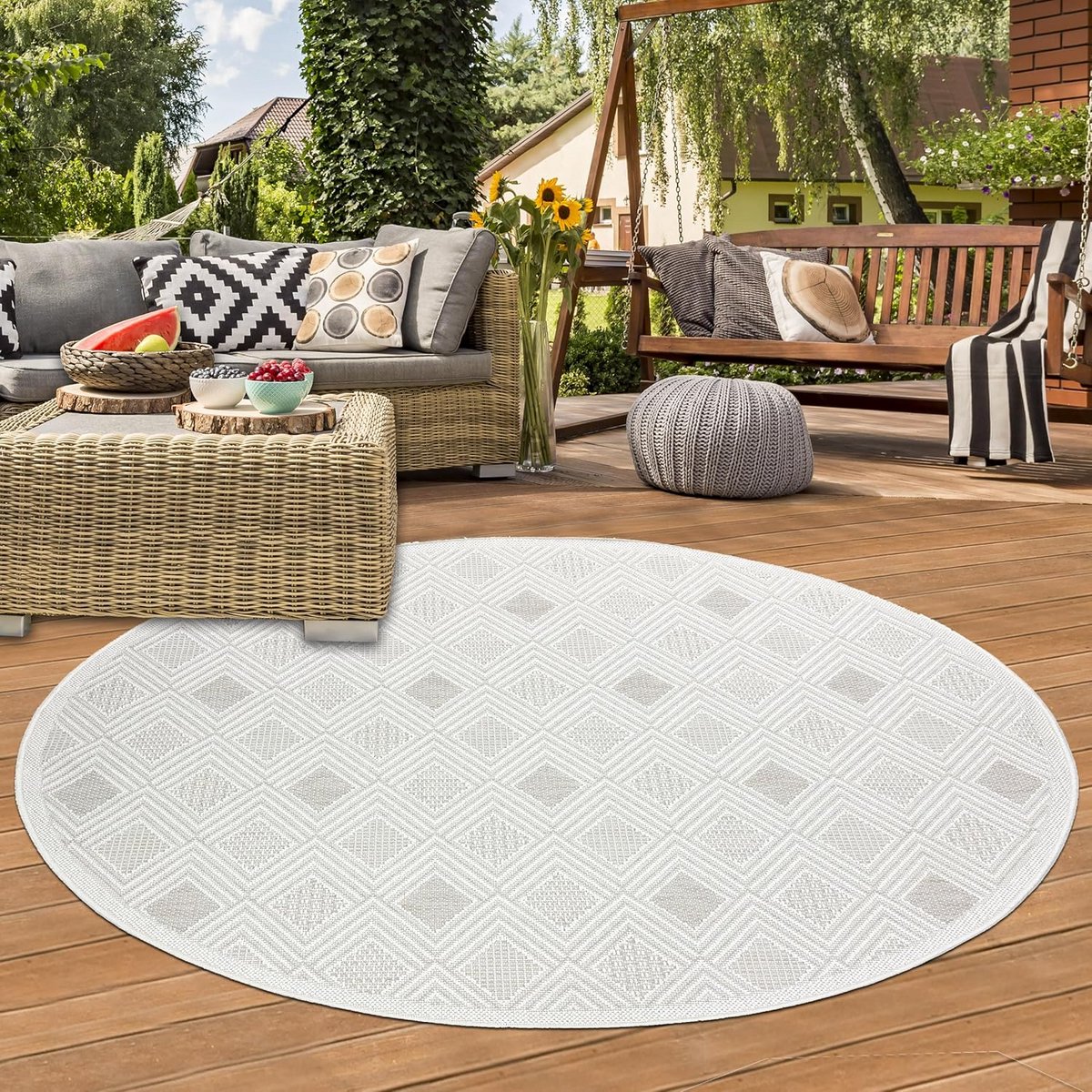 rond buitentapijt Ø80 cm crème weerbestendig vloerkleed voor tuin