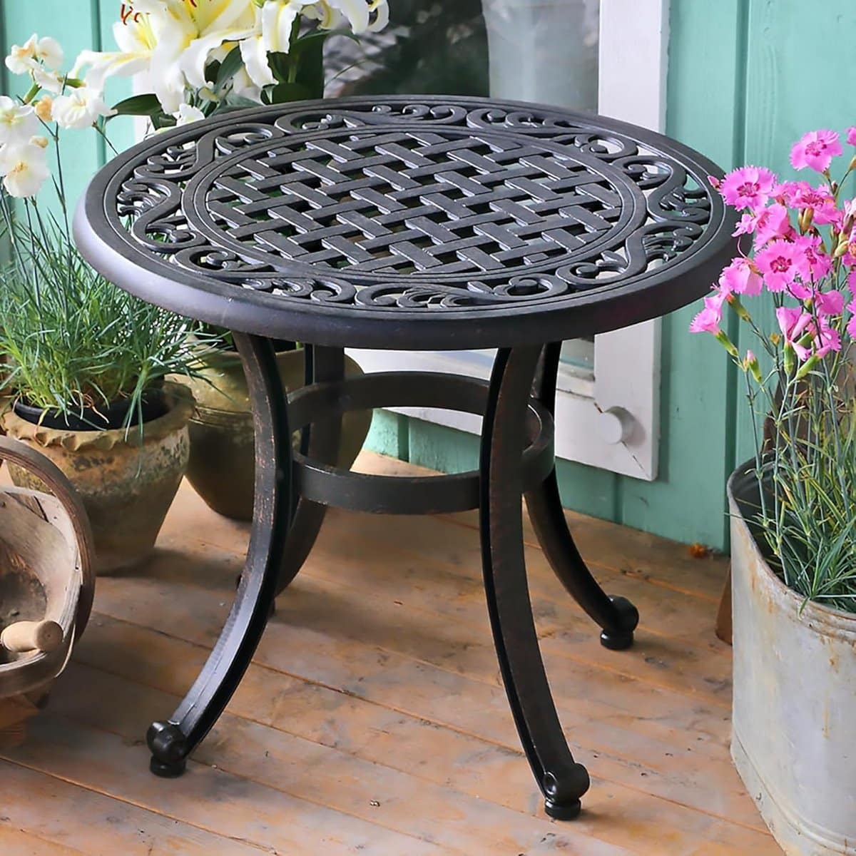 ronde bijzettafel tuintafel metaal buitenmeubilair onderhoudsvrij gegoten