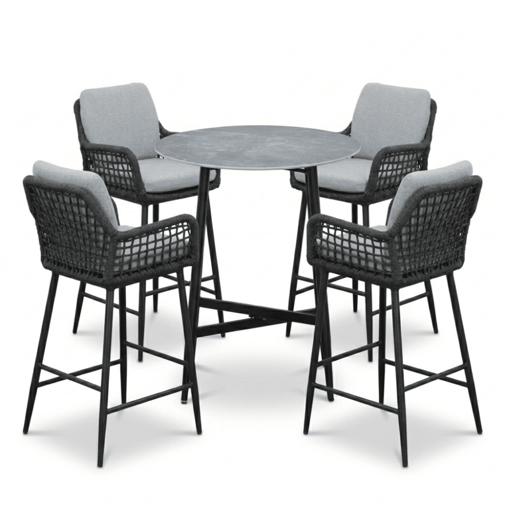 santos marble grey/valencia stone grey dining barset | 4 personen | sintered stone + touw | 90cm