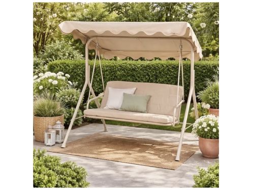 Schommelbank met Zonnescherm in Crème - Comfortabele 3-zits Tuinbank met