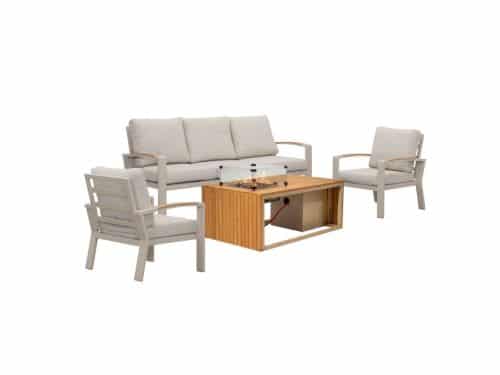 Seattle/Mida stoel-bank loungeset met vuurtafel 4 personen | aluminium + polywood | beige | 4-delig