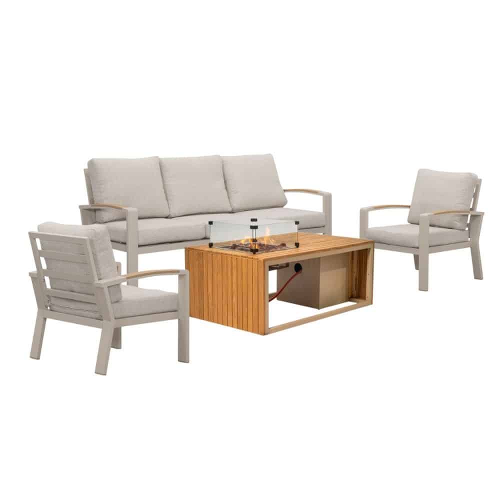 seattle/mida stoel bank loungeset met vuurtafel 4 personen | aluminium + polywood | beige | 4 delig