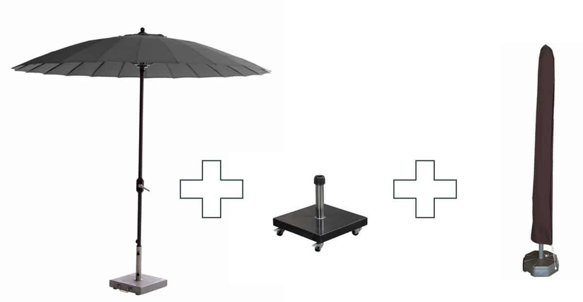 set ronde manilla parasol met voet en hoes