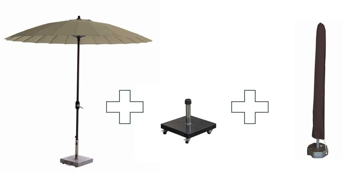 set ronde manilla parasol met voet en hoes