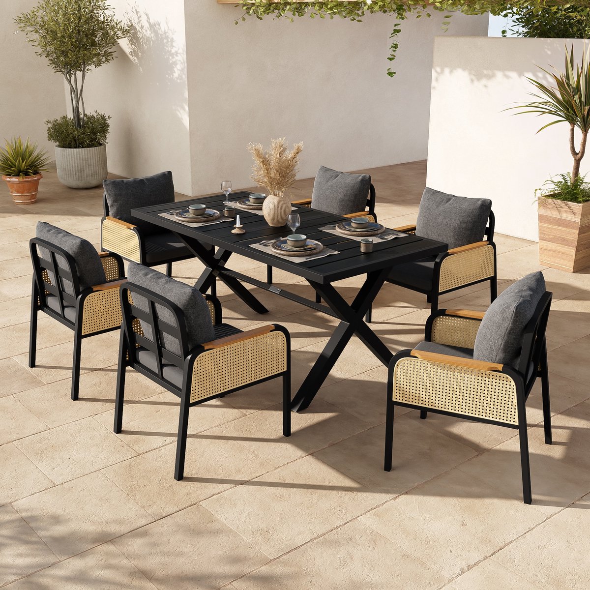 sweiko tuin dining loungeset eettafel + 6 fauteuils