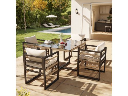 Sweiko Tuin Dining loungeset - Glazen eettafel + 4 fauteuils