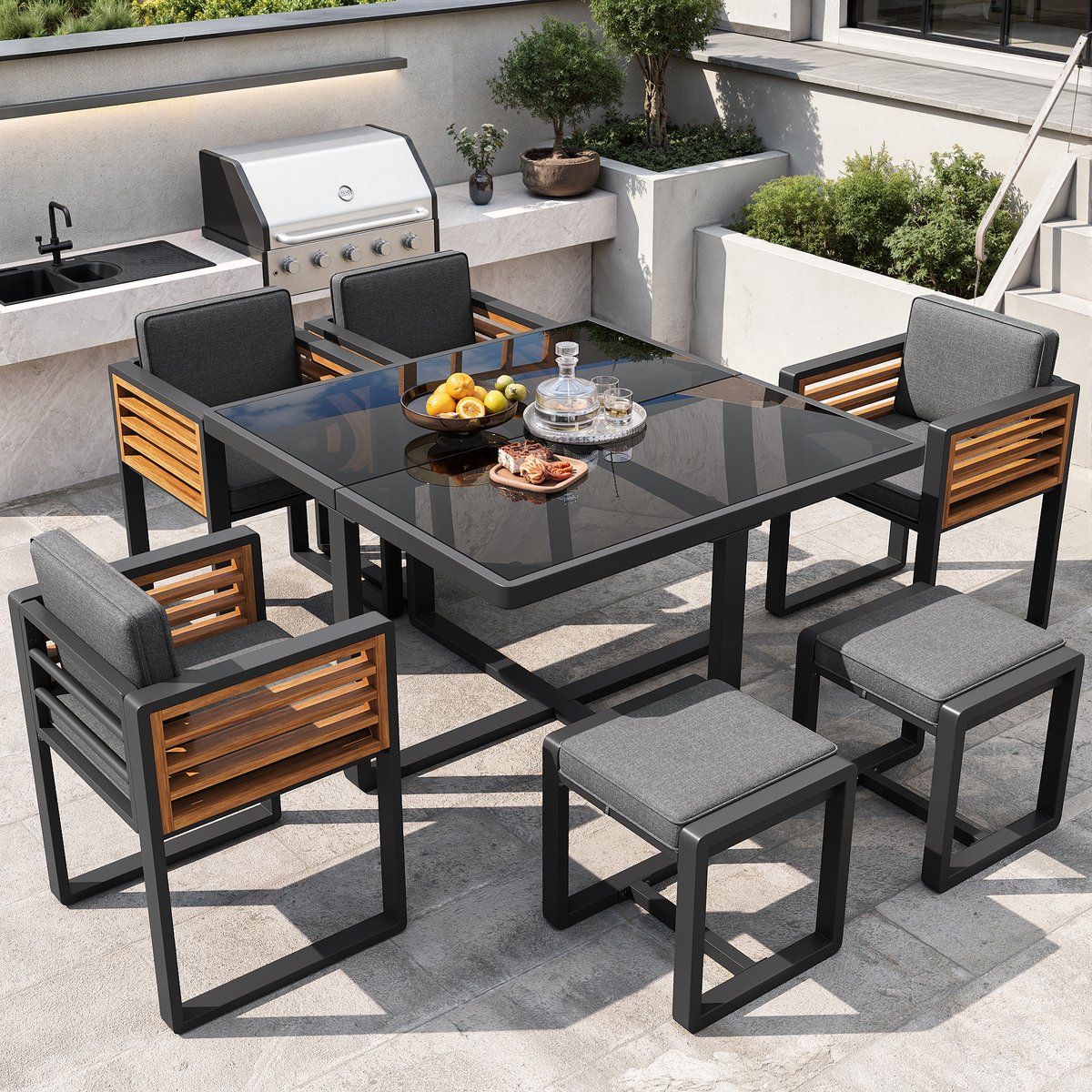 sweiko tuin diningset eettafel + 4 fauteuils inclusief