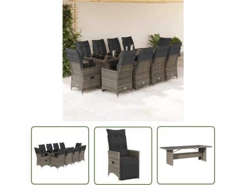 The Living Store 11-delige Bistroset met kussens poly rattan grijs