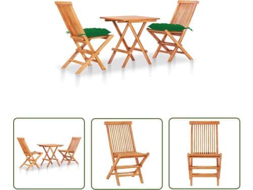 The Living Store 3-delige Bistroset met groene kussens massief teakhout