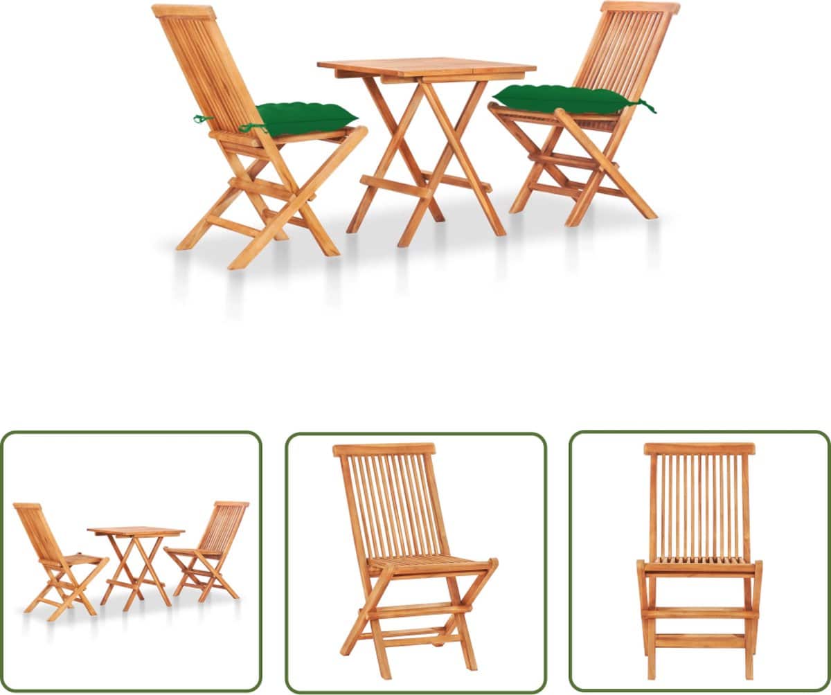 the living store 3 delige bistroset met groene kussens massief teakhout