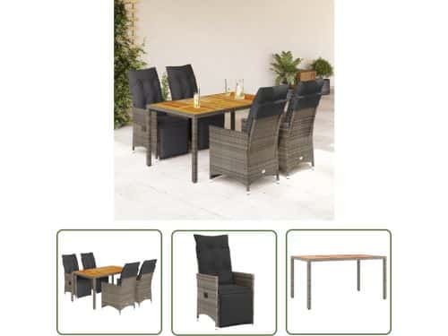 The Living Store 5-delige Bistroset met kussens poly rattan grijs