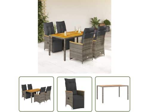 The Living Store 5-delige Bistroset met kussens poly rattan grijs