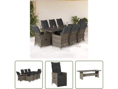 The Living Store 9-delige Bistroset met kussens poly rattan grijs
