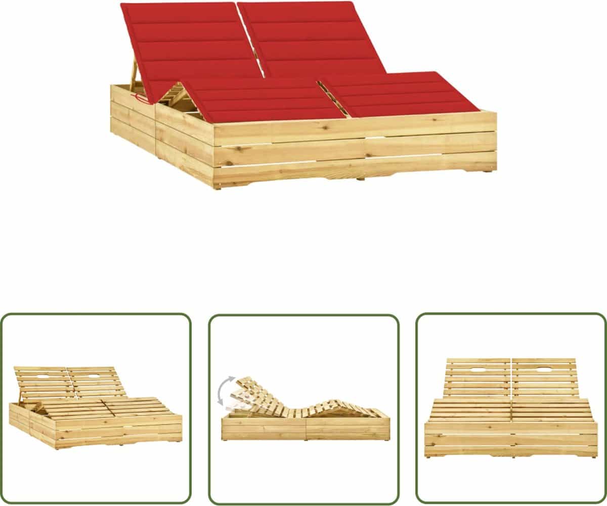 the living store ligbed tweepersoons met rode kussens geïmpregneerd grenenhout