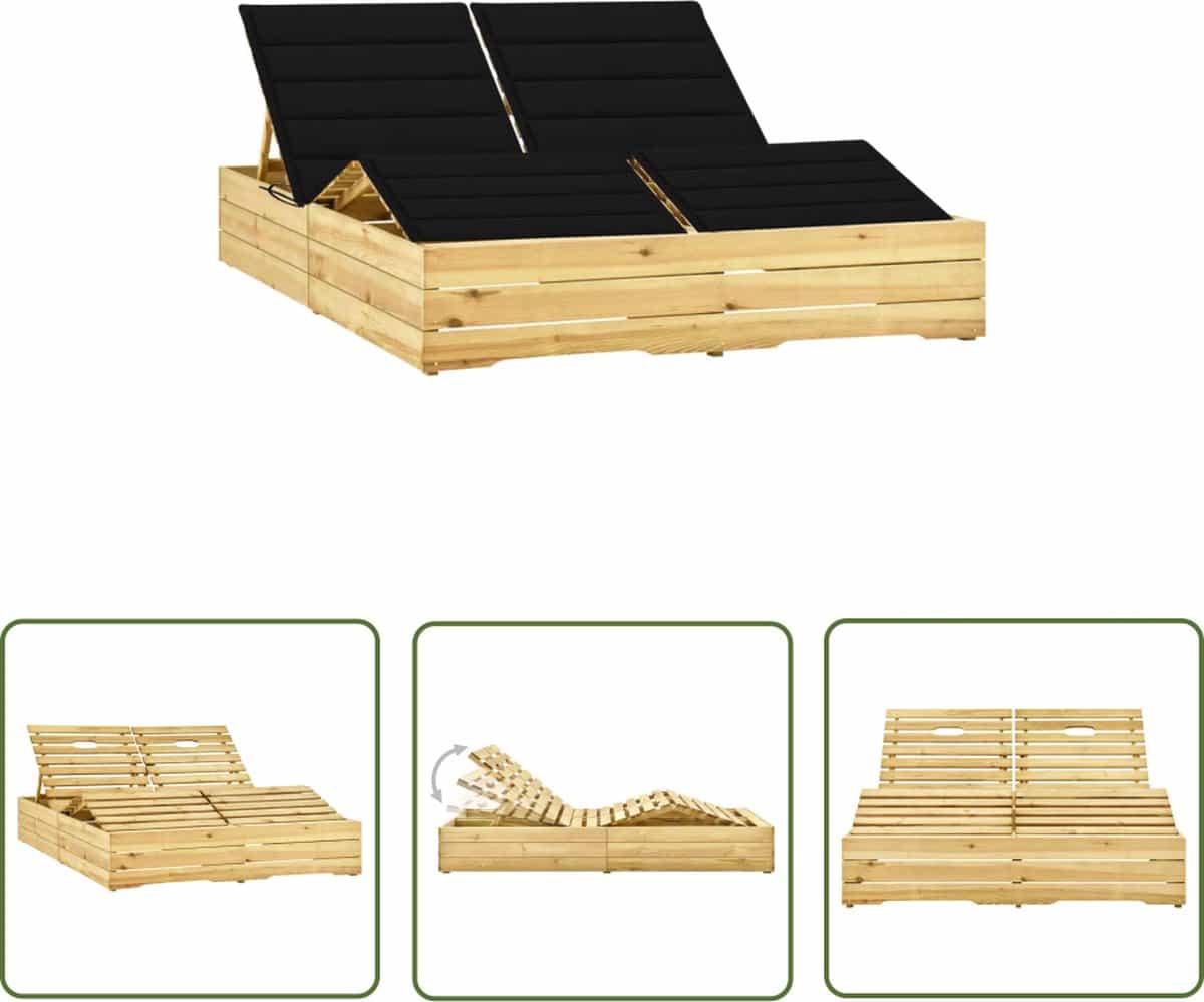 the living store ligbed tweepersoons met zwarte kussens geïmpregneerd grenenhout