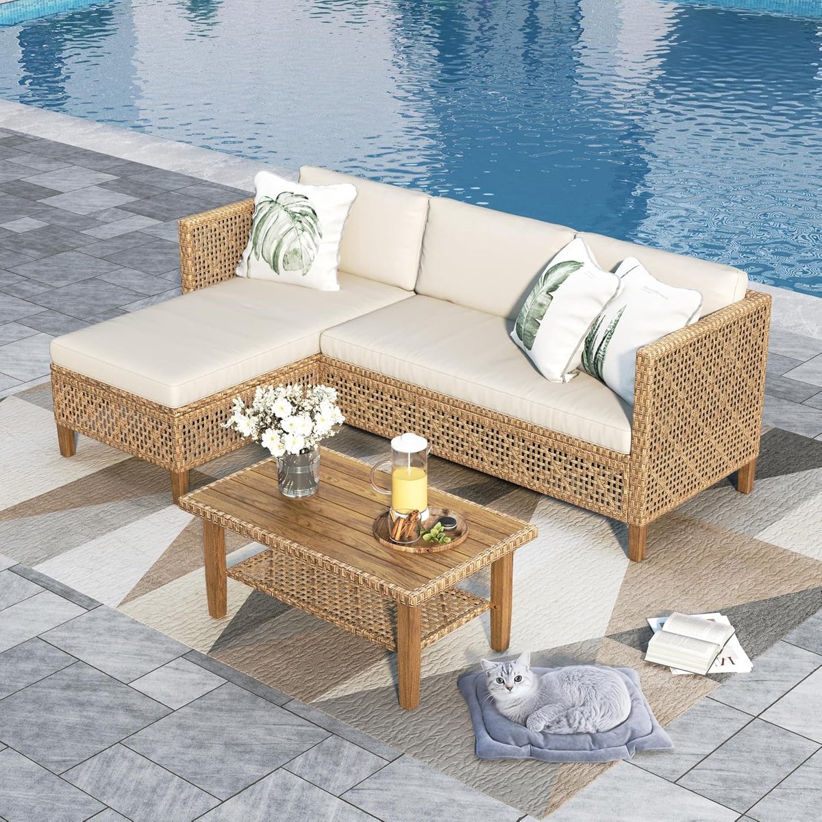 tuin loungeset 3 delig met chaise longue, 2 zits bank & tafel