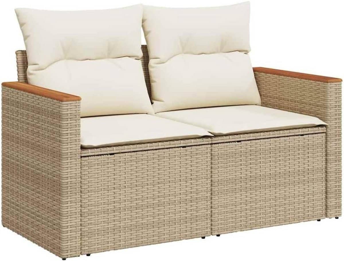 tuinbank 2 zits met kussens polyratten beige weerbestendige loungebank