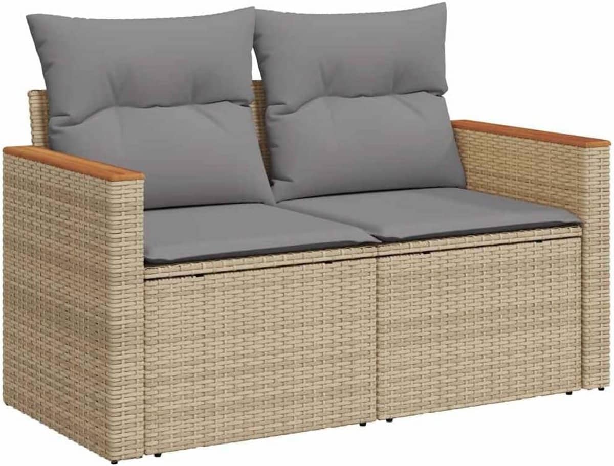tuinbank 2 zits met kussens van poly rattan in beige