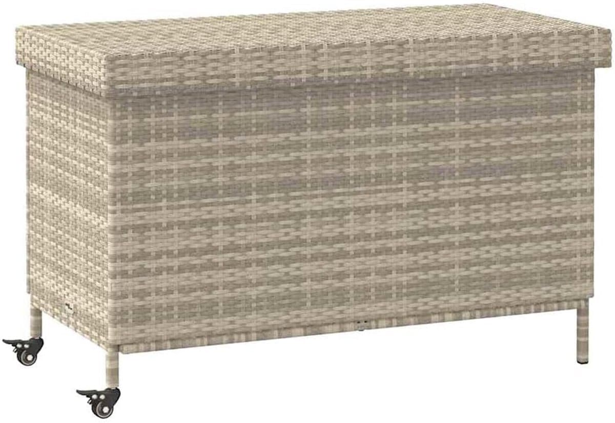 tuinkist op wielen 110x55x73cm polyrotan lichtgrijs opbergbox buiten