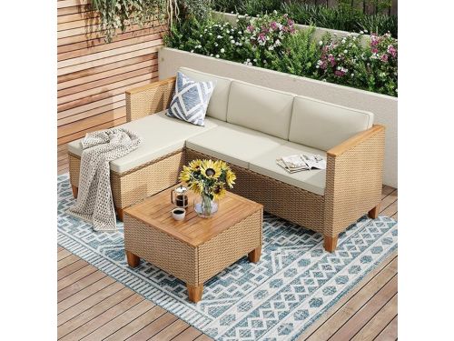 Tuinmeubelset 3-delig Rotan Loungeset met Chaise Longue, 2