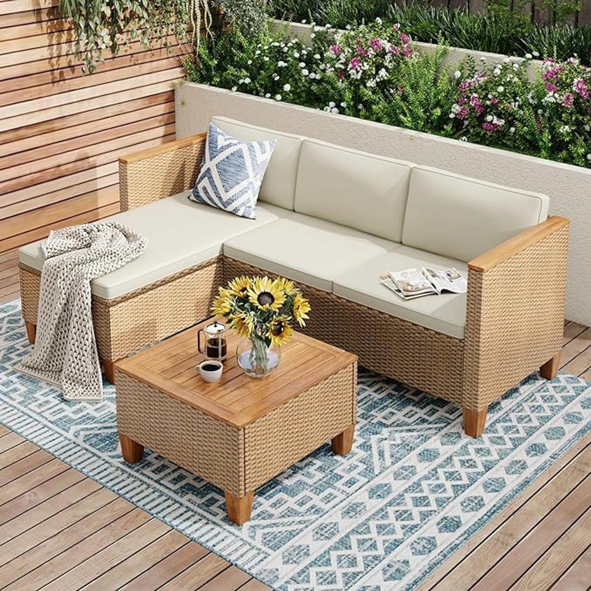 tuinmeubelset 3 delig rotan loungeset met chaise longue, 2