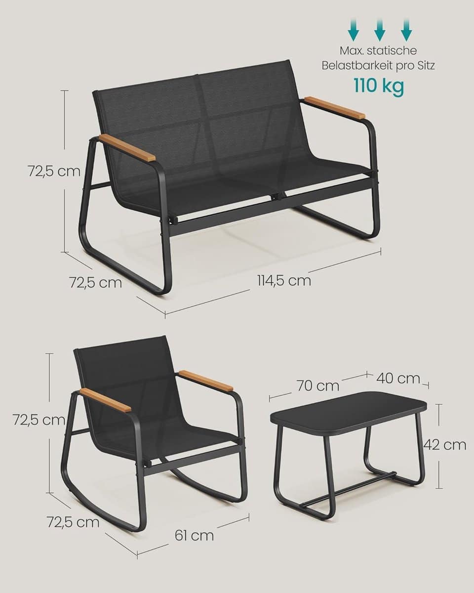 tuinmeubelset 4 personen 73 cm zwart schommelstoelen met armleuningen