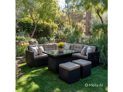 Tuinmeubelset 7 Personen Polyrotan Loungeset met Hoekbank, Eettafel en 2