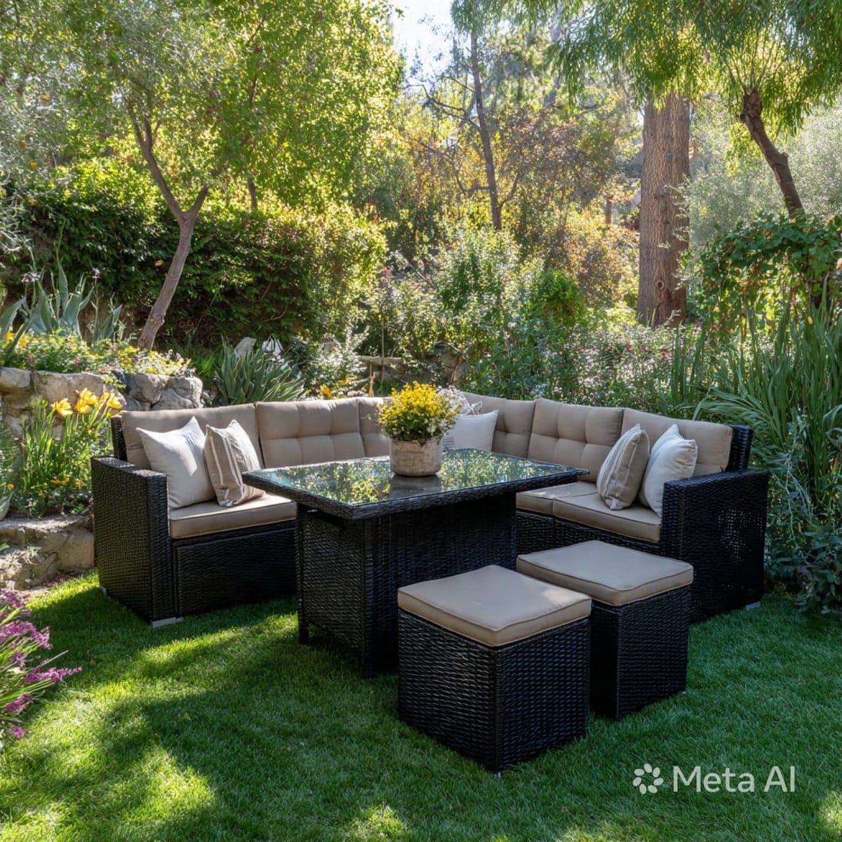 tuinmeubelset 7 personen polyrotan loungeset met hoekbank, eettafel en 2