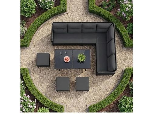 Tuinmeubelset 7 Personen Polyrotan Loungeset met Hoekbank, Eettafel en 2