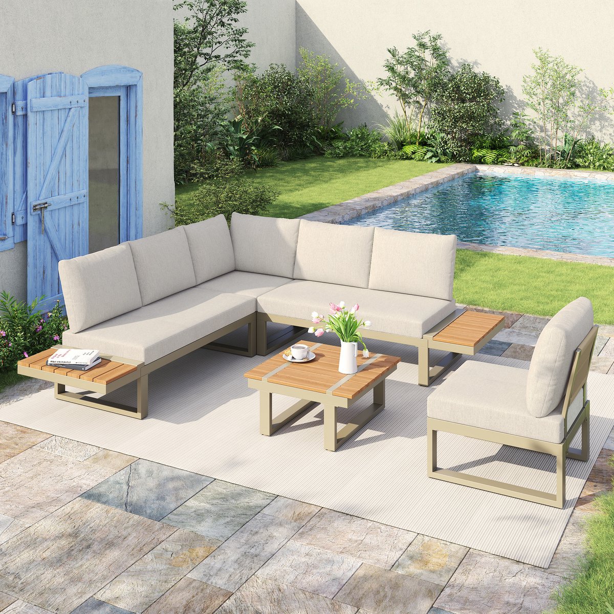 tuinmeubelset, om te bouwen tot 2 ligbedden, hoekopstelling