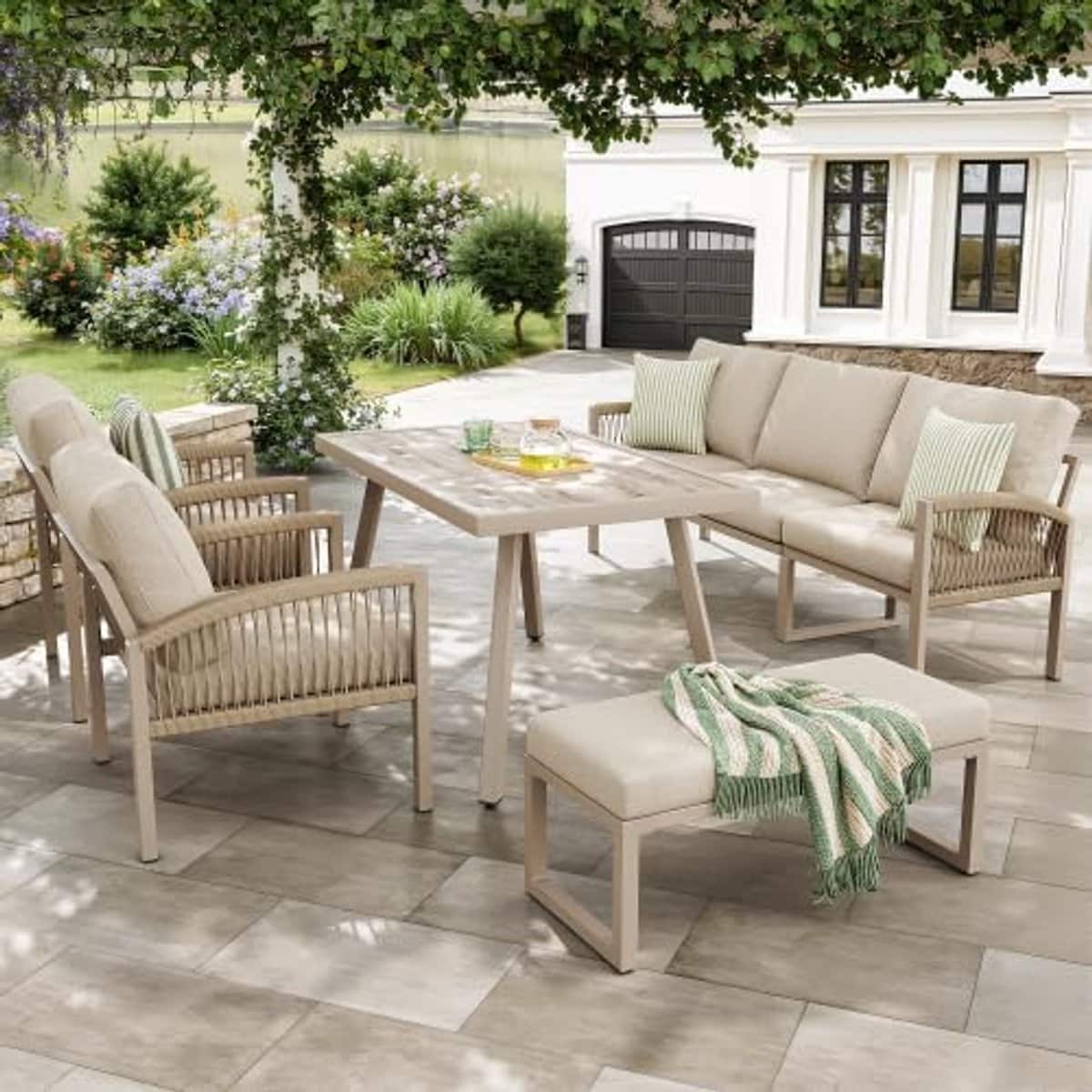 tuinmeubelset voor 7 personen, modulaire bank met 2 stoelen en