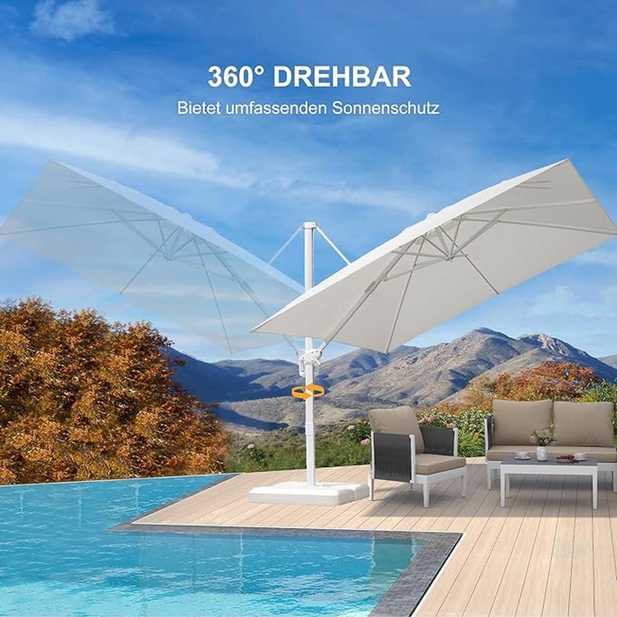 tuinparasol vierkant 300×300 cm 360° draaibaar met voetpedaal en standaard