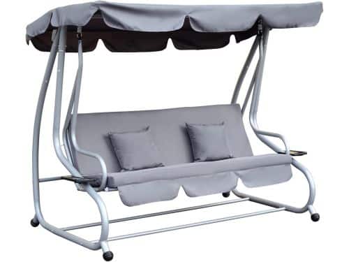 Tuinschommelbank 3-Zits Verstelbaar Ligbed met Zonnedak en Opbergvakken Grijs