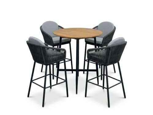 Valencia antraciet/Mara Stone Grey dining barset | 4 personen | teakhout + touw | 90cm