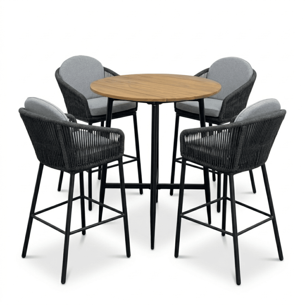 valencia antraciet/mara stone grey dining barset | 4 personen | teakhout + touw | 90cm