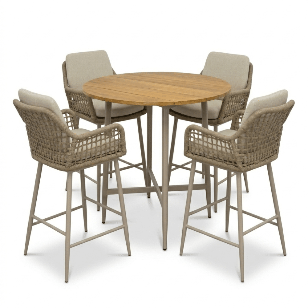 valencia sandstone dining barset | 4 personen | teakhout + touw | 90cm