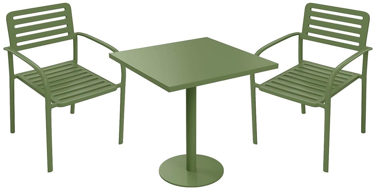 vente unique metalen tuineetset: tafel b.70 cm en 2 stapelbare fauteuils