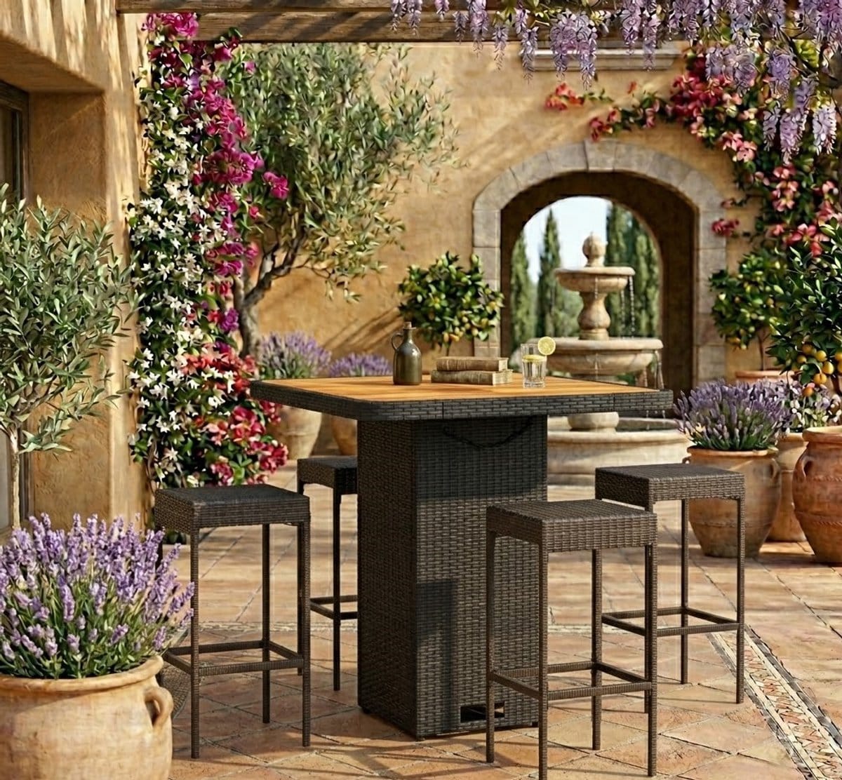 verstelbare polyrotan tuin & bartafel met acaciahouten tafelblad 80 x