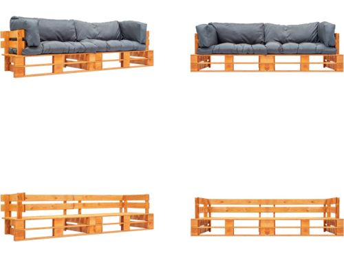 vidaXL 2-delige Bankenset pallet met grijze kussens grenenhout