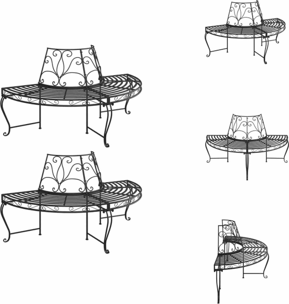 vidaxl boombank halfrond staal 160x84x88.5 cm zwart