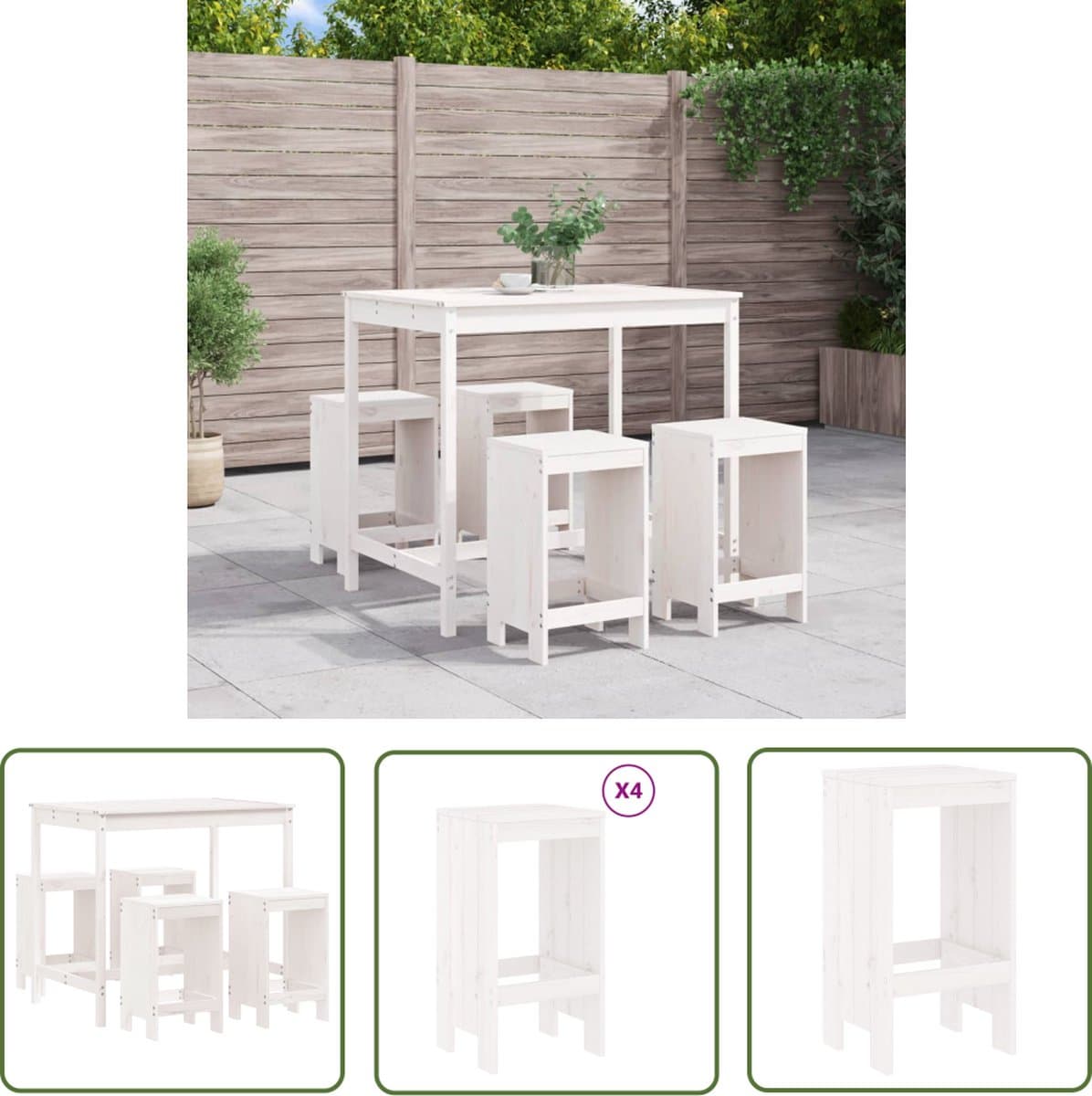 vidaxl buitenterras barset 5 delige barset massief grenenhout wit