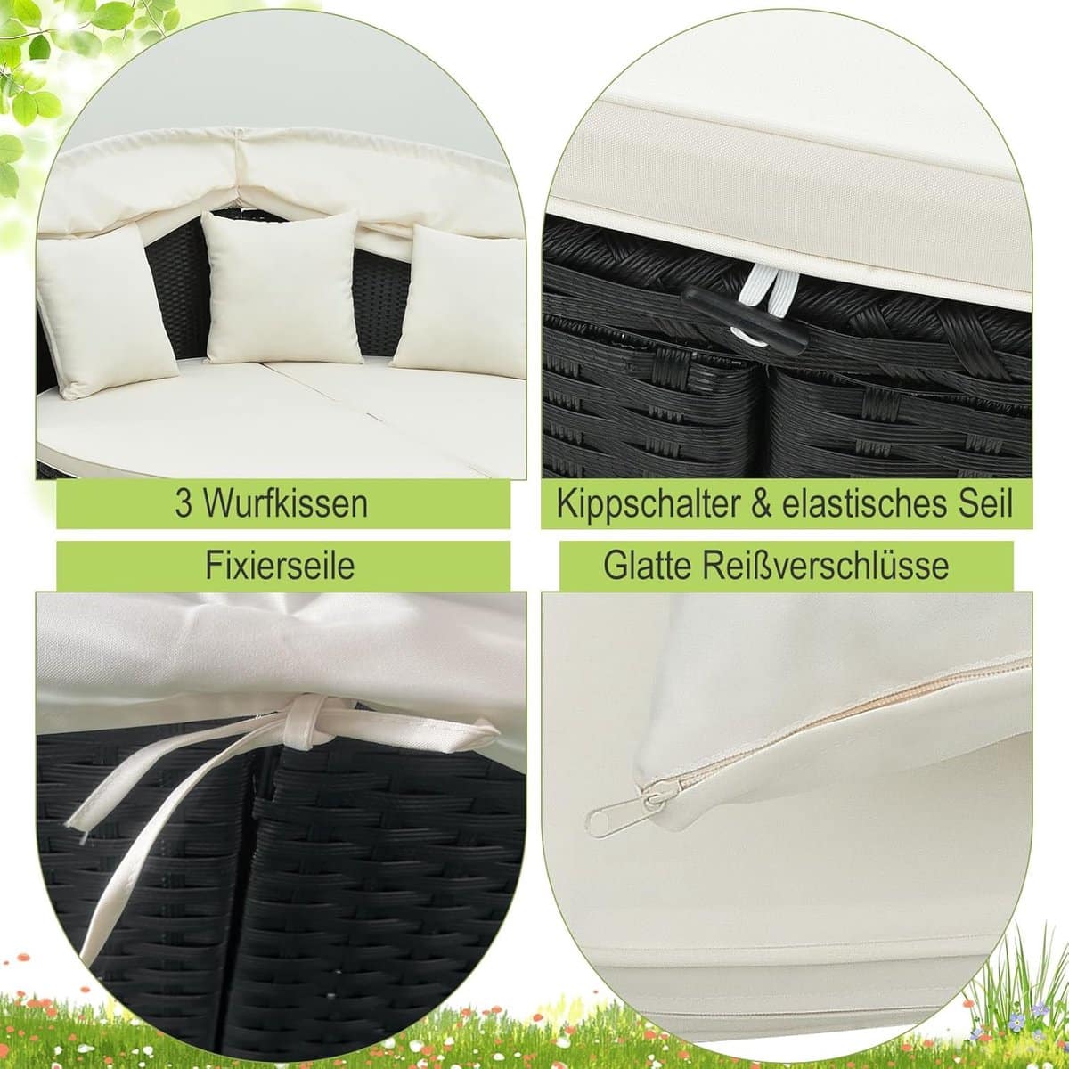 wicker zonne eiland 187×180 cm met opklapbaar dak