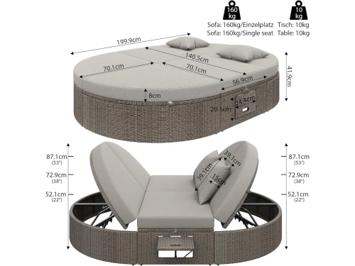 Zonnebed 2 Personen Rotan met Verstelbare Rugleuning - ABTkantoor Luxe