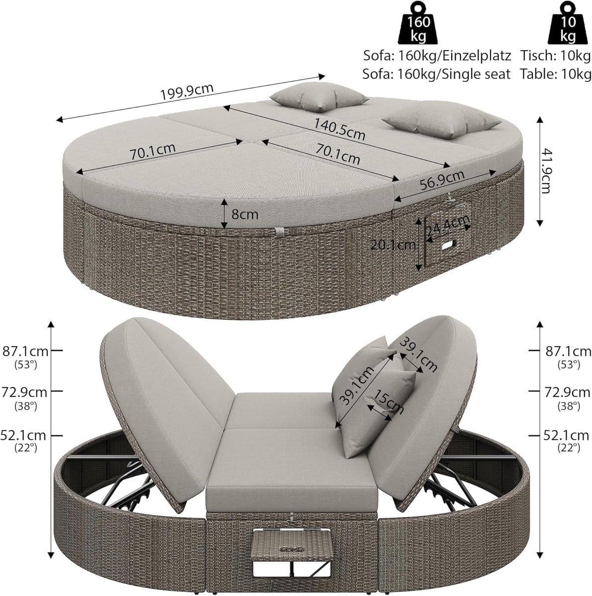 zonnebed 2 personen rotan met verstelbare rugleuning abtkantoor luxe