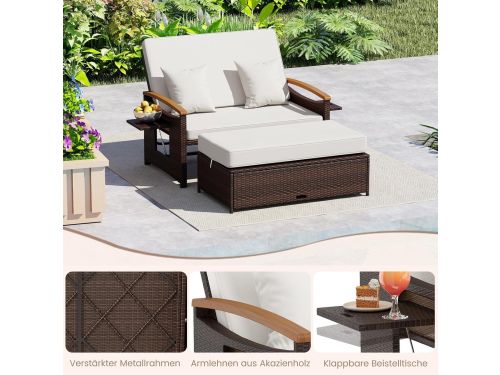 Zonnebed 2 persoons 164x166x54,5 cm met verstelbare rugleuning en zijtafels