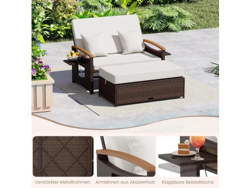 Zonnebed 2 persoons 164x166x54,5 cm met verstelbare rugleuning en zijtafels